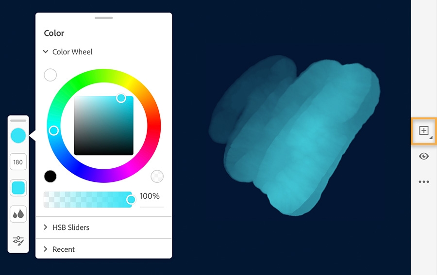 Color wheel on left shows cyan selected, digital watercolor brush strokes on the right Color wheel on left shows cyan selected, digital watercolor brush strokes on the right