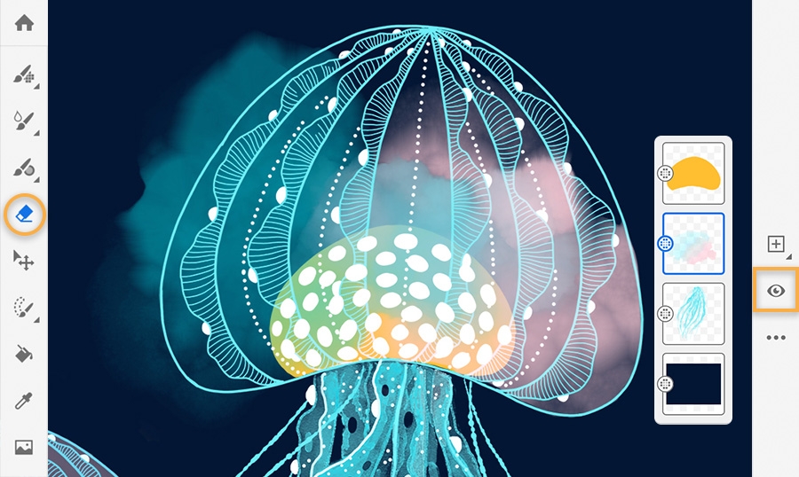 Adobe Fresco eraser highlighted in tools on the left, brush strokes emerge from jellyfish head, drawing layers on the right Adobe Fresco eraser highlighted in tools on the left, brush strokes emerge from jellyfish head, drawing layers on the right