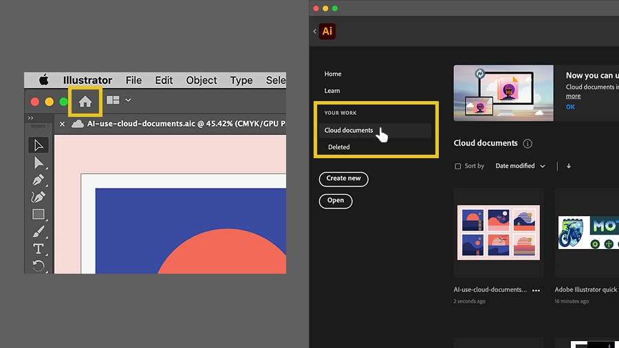 Accessing the home screen via the Home icon. In the Home screen, clicking Cloud Documents to show cloud documents Accessing the home screen via the Home icon. In the Home screen, clicking Cloud Documents to show cloud documents
