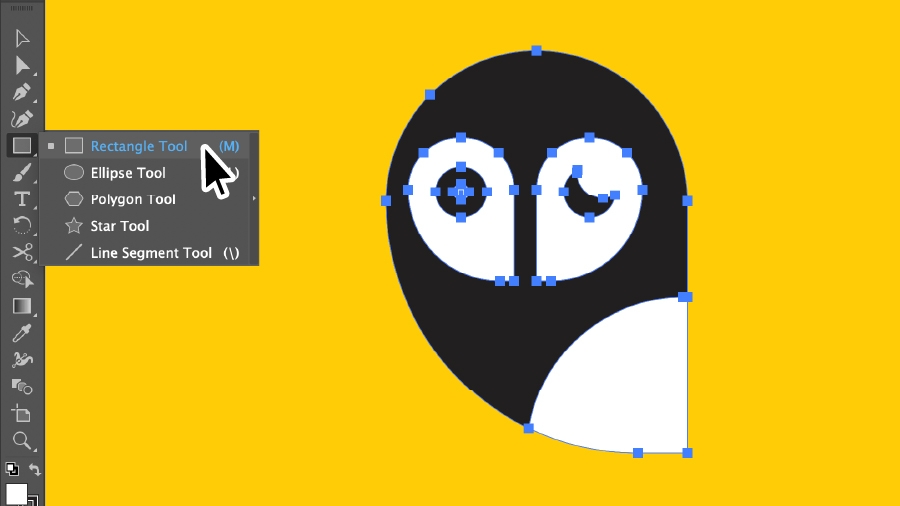 Rectangle Tool selected in the tool bar, a vector owl graphic is shown in the Illustrator workspace with all points selected Rectangle Tool selected in the tool bar, a vector owl graphic is shown in the Illustrator workspace with all points selected