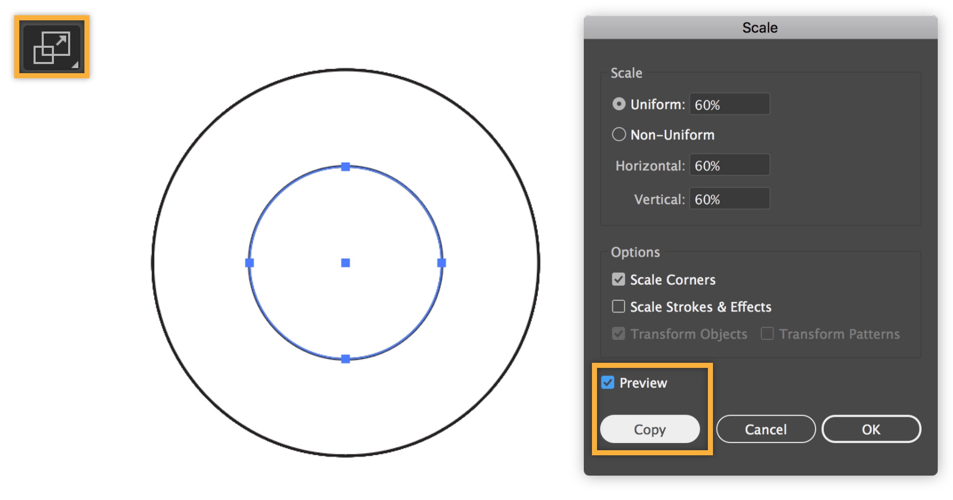 The Scale tool is used to copy and resize the original circle. The Scale tool is used to copy and resize the original circle.