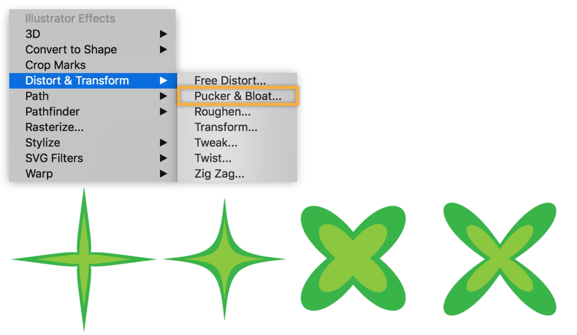 The circles are transformed into four-point stars and four-leaf clovers using Pucker & Bloat in the Distort & Transform menu. The circles are transformed into four-point stars and four-leaf clovers using Pucker & Bloat in the Distort & Transform menu.