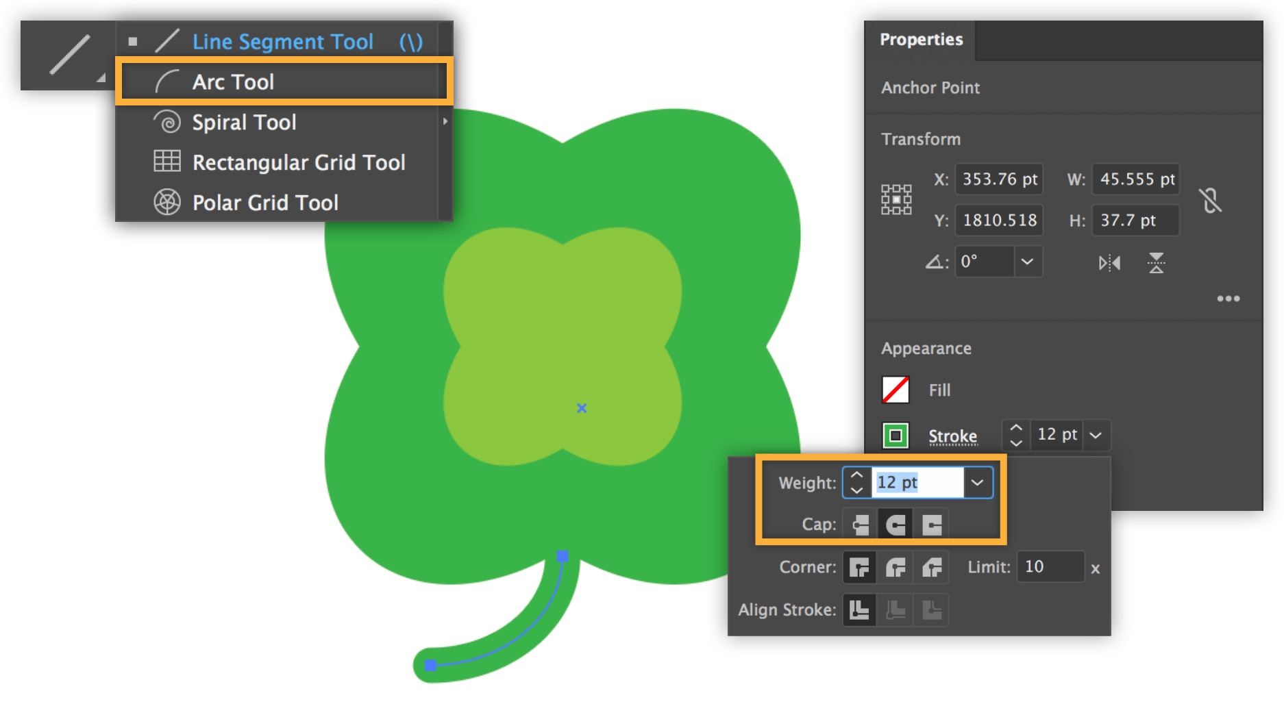 A stem is added to the clover using the Arc tool with no fill and a green stroke. A stem is added to the clover using the Arc tool with no fill and a green stroke.