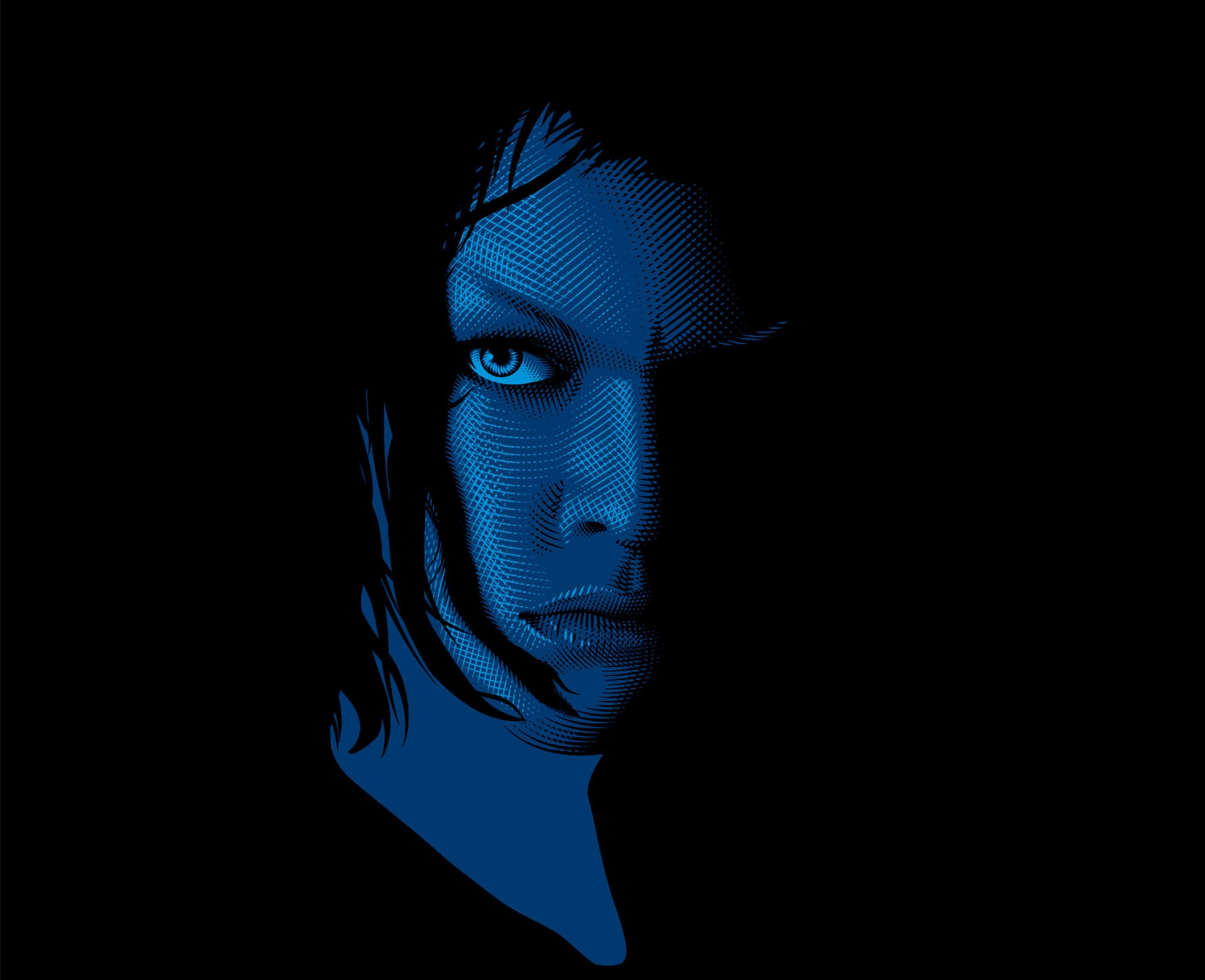Man’s portrait in light blue, blue, and black. Crosshatching is used to show shadows and light, and add depth.  Man’s portrait in light blue, blue, and black. Crosshatching is used to show shadows and light, and add depth.