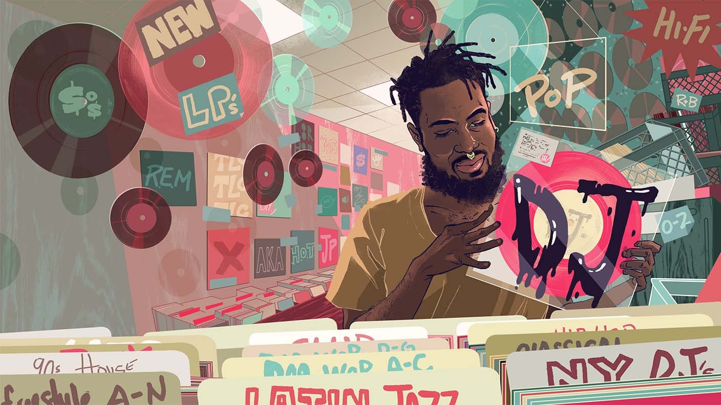 Graphic illustration of man in a record store Graphic illustration of man in a record store