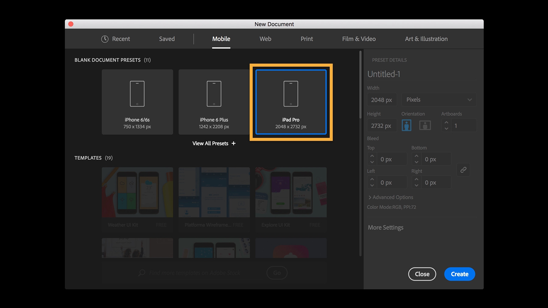 Presets within the document type menu create blank documents for more specific uses, such as tablets or smart phones. Presets within the document type menu create blank documents for more specific uses, such as tablets or smart phones.
