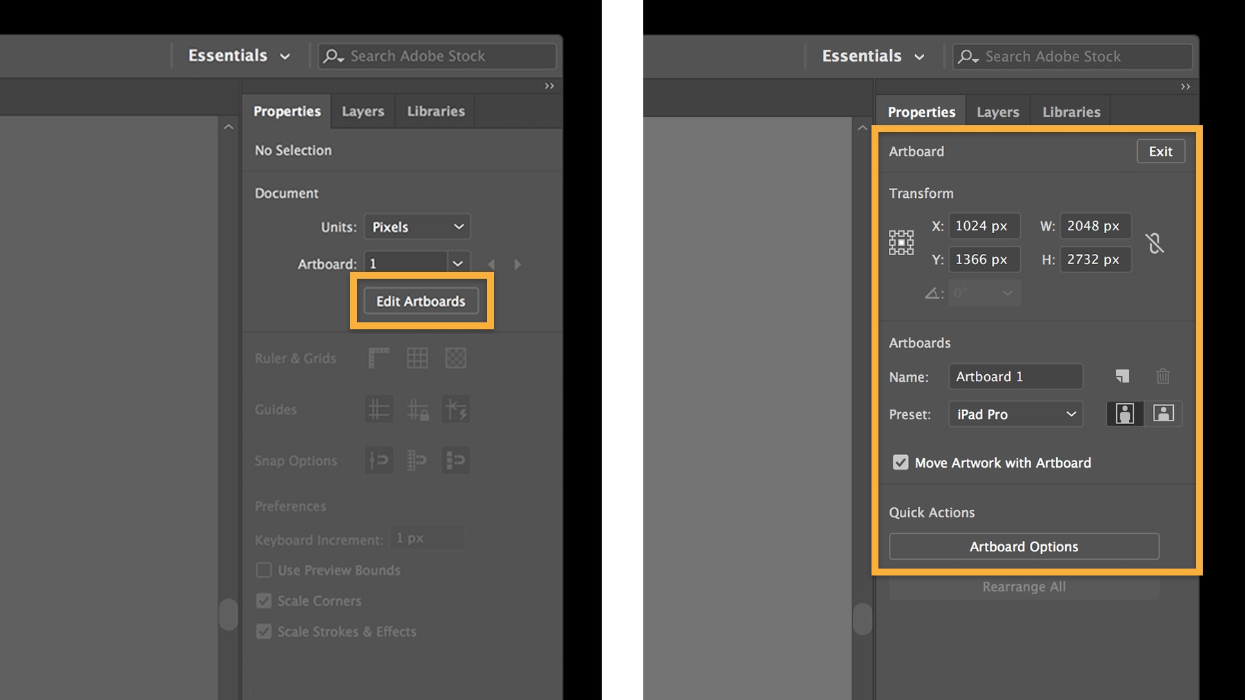 Artboards may be edited by clicking Window > Properties > Edit Artboards Artboards may be edited by clicking Window > Properties > Edit Artboards