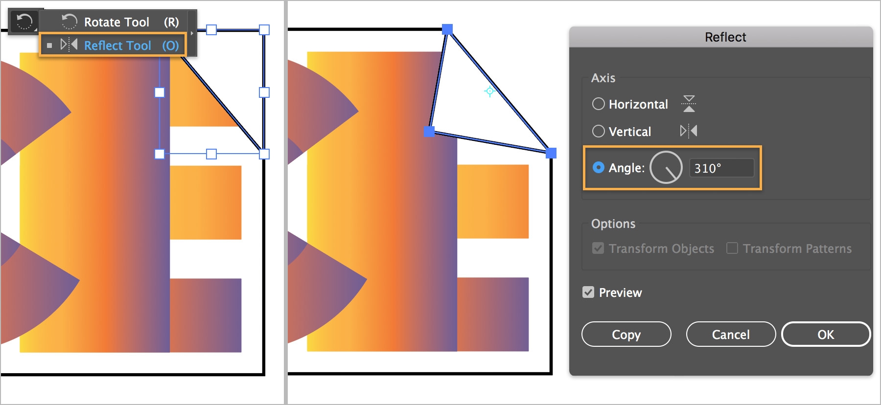 The Reflect tool is used to adjust corner shape and create the appearance of a downturned corner. The Reflect tool is used to adjust corner shape and create the appearance of a downturned corner.