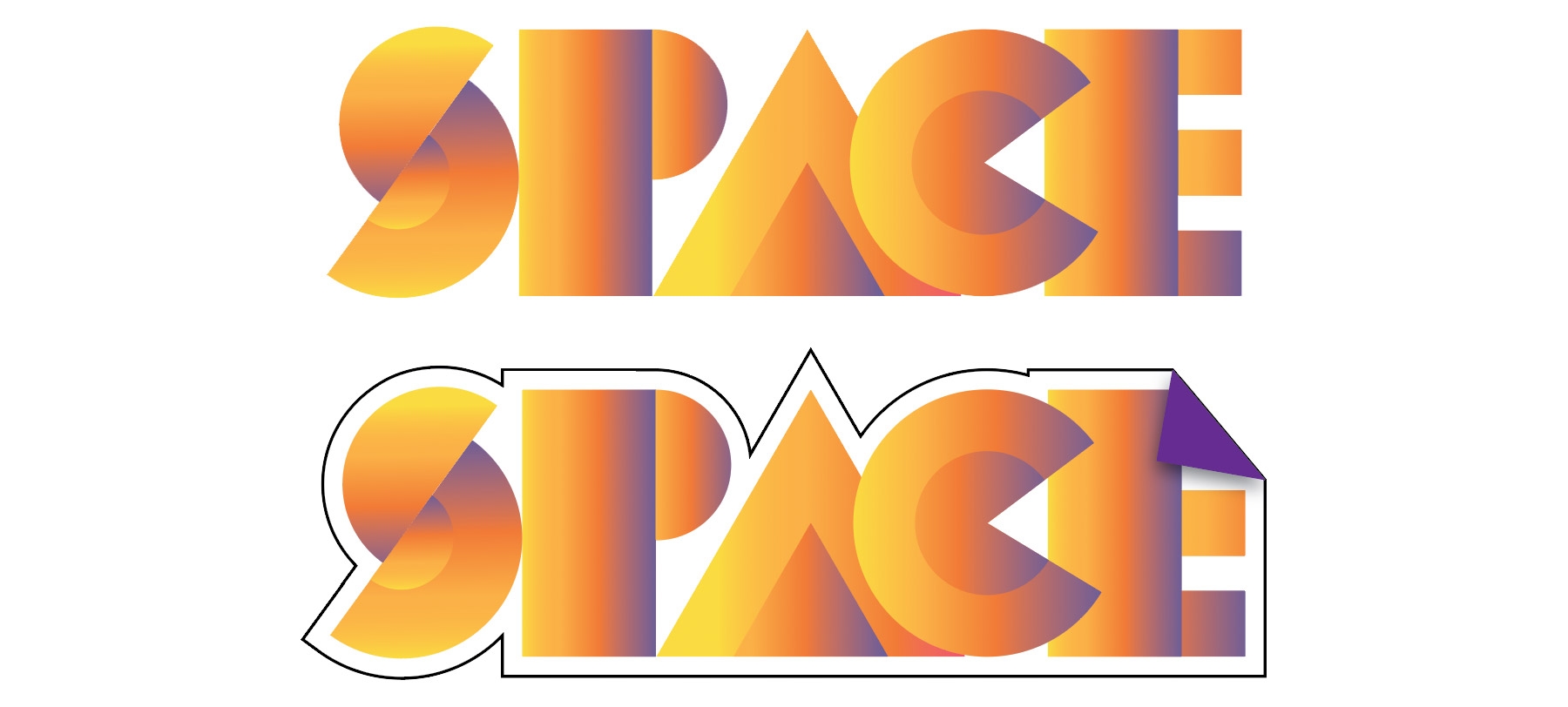 “Space” sticker with a black outline and downturned corner appears below original artwork. “Space” sticker with a black outline and downturned corner appears below original artwork.