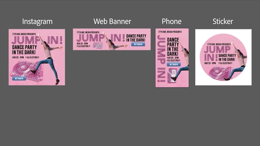 Customized event ads for Instagram, web banners, smartphones, and stickers feature a woman jumping against a pink backdrop Customized event ads for Instagram, web banners, smartphones, and stickers feature a woman jumping against a pink backdrop