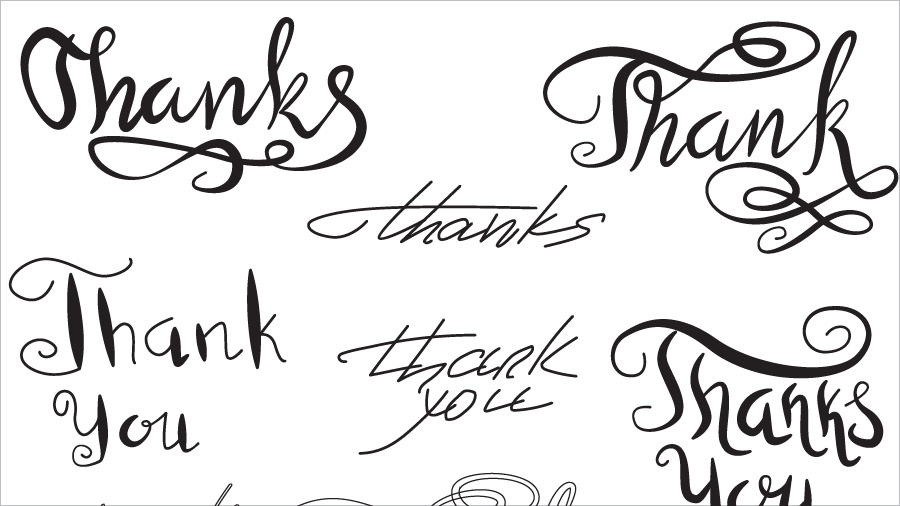 "Thanks" and "Thank you" in various styles in black on a white background "Thanks" and "Thank you" in various styles in black on a white background
