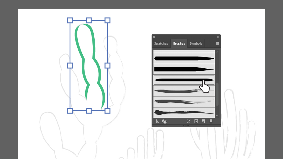 Brush options shown on the right, and a line created with the Pen Tool is now green over the cactus layer