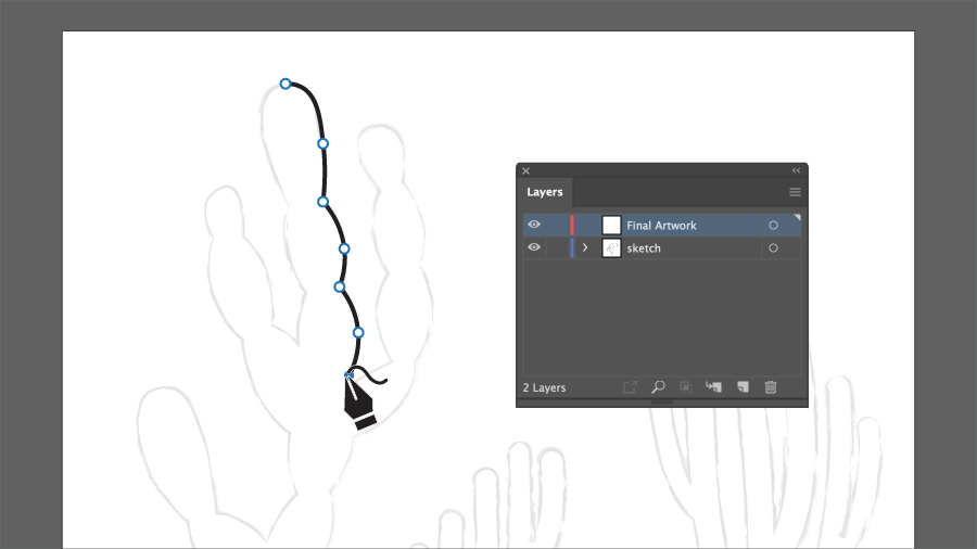 A drawing of a cactus is light in the background, while the Pen Tool is being used to make points along the edge of the drawing