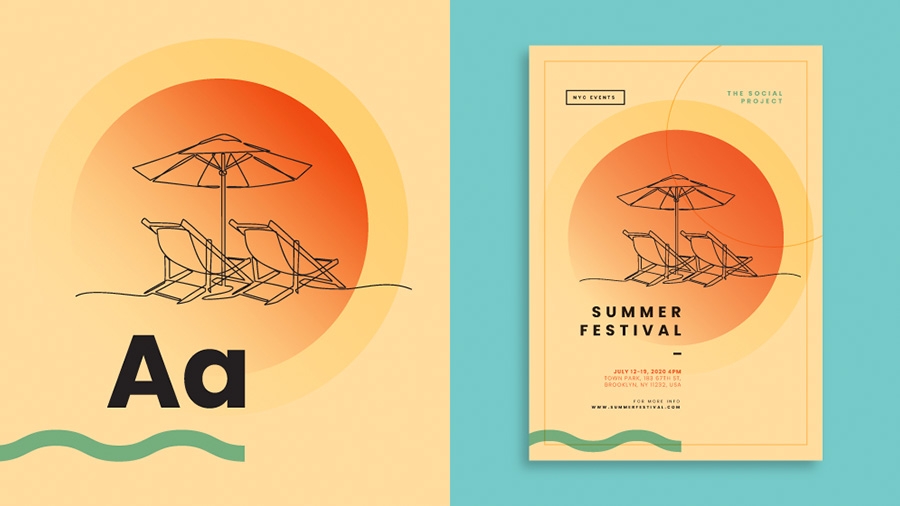 Image of a poster detail and the entire poster side by side, one side shows the font and visual details Image of a poster detail and the entire poster side by side, one side shows the font and visual details