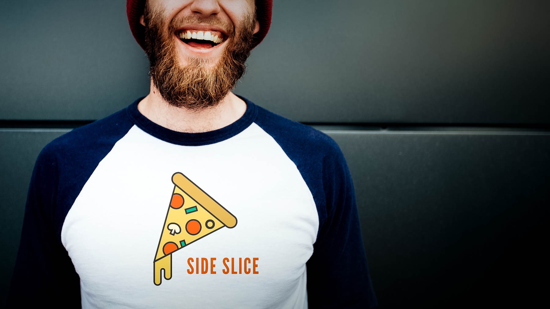 Man wearing a pizza t-shirt reading "SIDE SLICE" designed in Adobe Illustrator Man wearing a pizza t-shirt reading "SIDE SLICE" designed in Adobe Illustrator