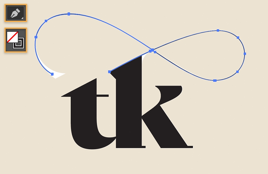 The Pen tool shows in the upper right and a line swirl decoration from the ‘k’ with anchor points on the line