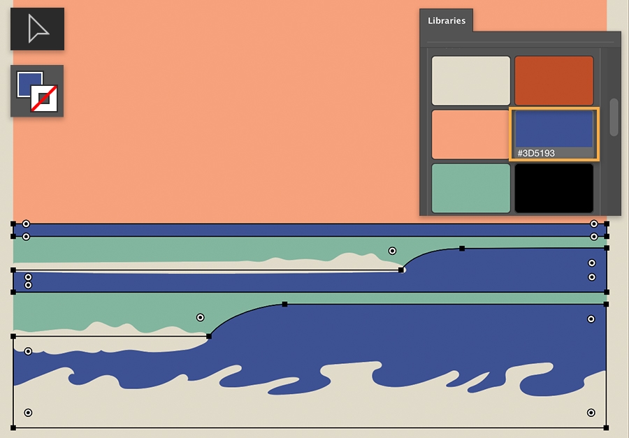 Creative Cloud Libraries panel with blue selected – orange for sky and alternating blue, turquoise, and cream for the waves Creative Cloud Libraries panel with blue selected – orange for sky and alternating blue, turquoise, and cream for the waves