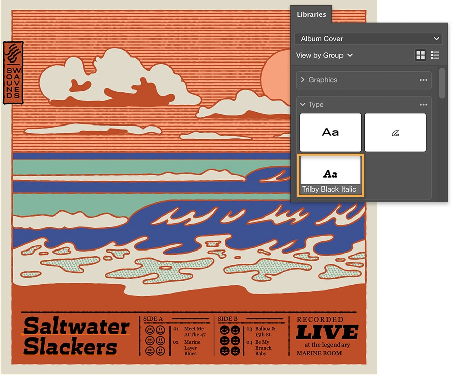 Libraries panel shows Type section, Saltwater Slackers and other album cover text added to the bottom of the artwork Libraries panel shows Type section, Saltwater Slackers and other album cover text added to the bottom of the artwork