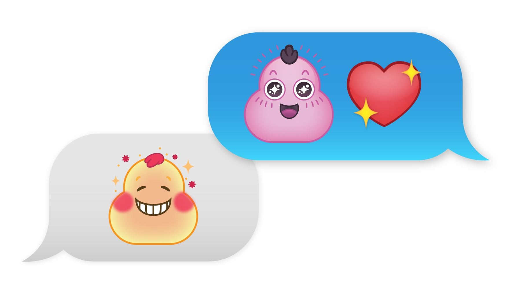 Top: Pink blob emoji with excited expression next to heart emoji. Bottom: Yellow blob emoji blushes with happy expression