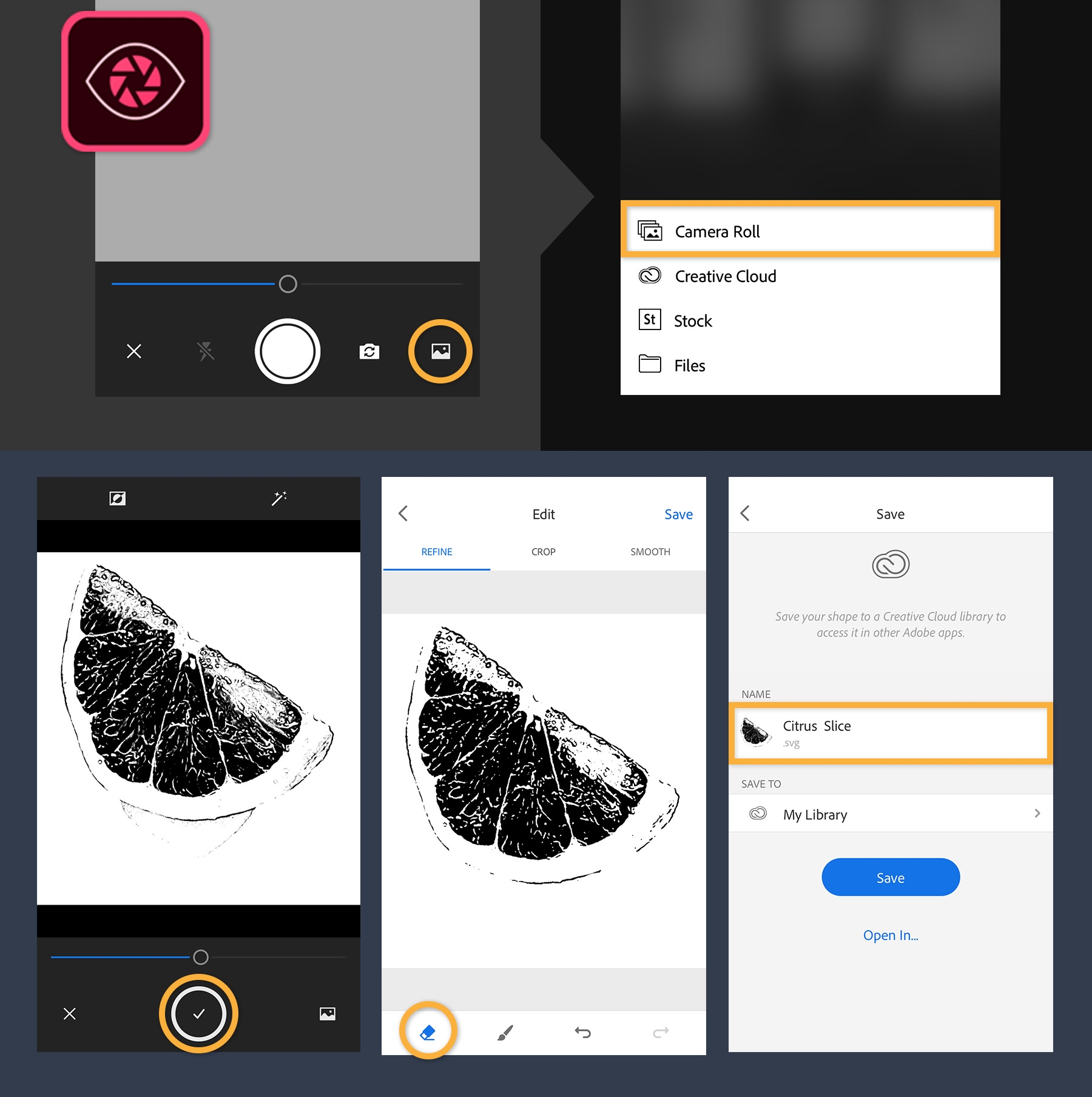 Grapefruit is photographed and edited using Adobe Capture for the mobile phone, then saved to the image library
