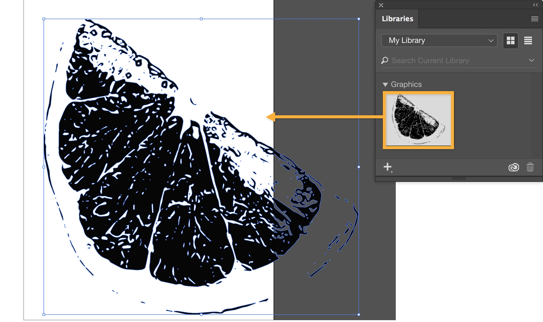 The grapefruit slice is dragged onto the artboard from the Creative Cloud Libraries window.