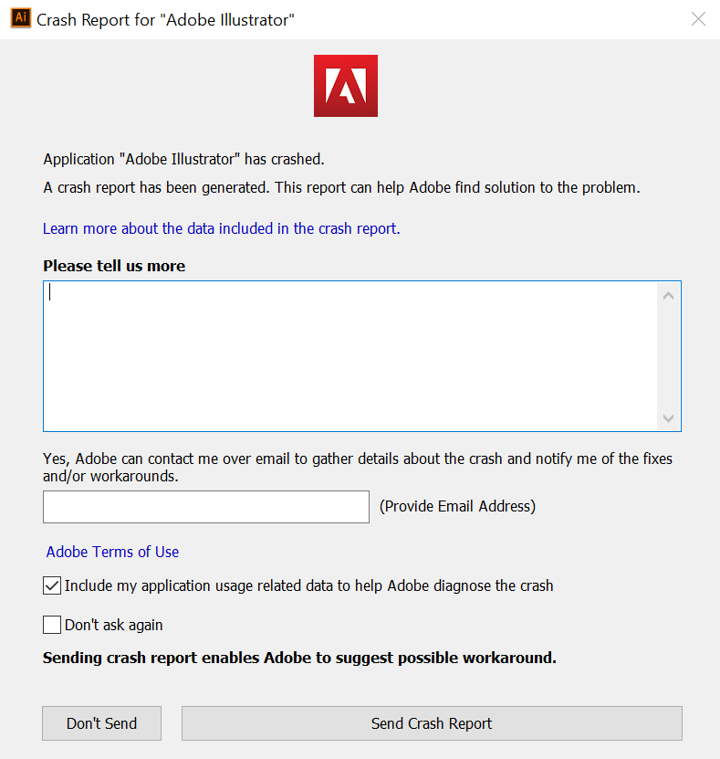 Отчет об ошибке в adobe illustrator