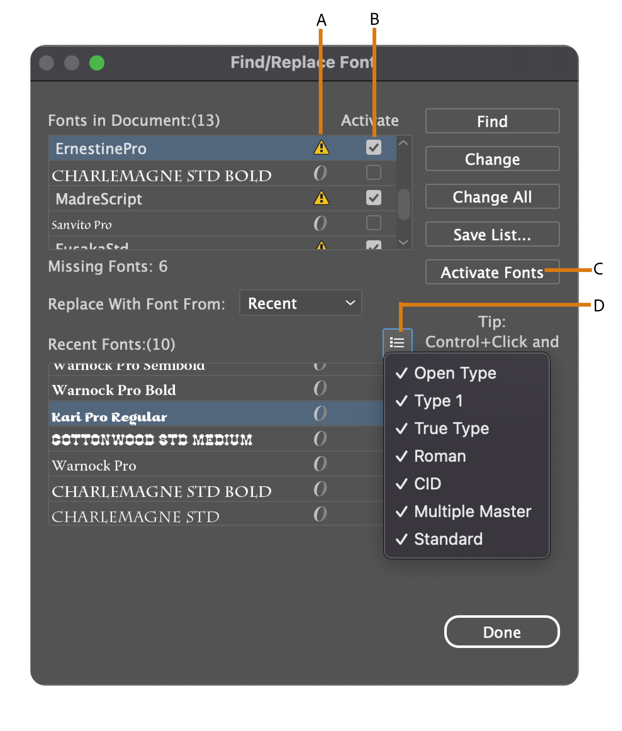 how to find recent font download in adobe illustrator