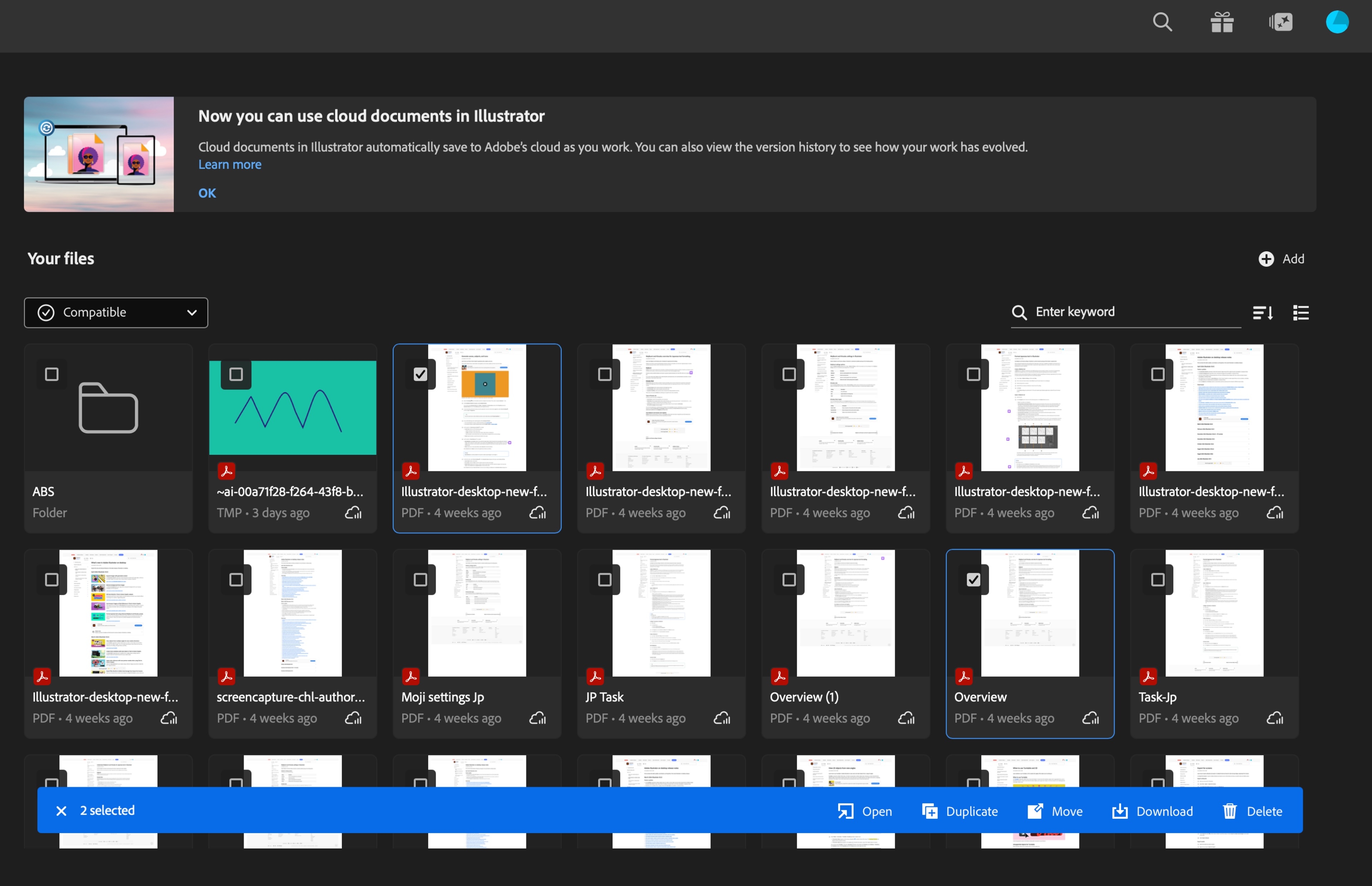 Selected PDF files on the Illustrator Homescreen with the Download option highlighted in the toast message.
