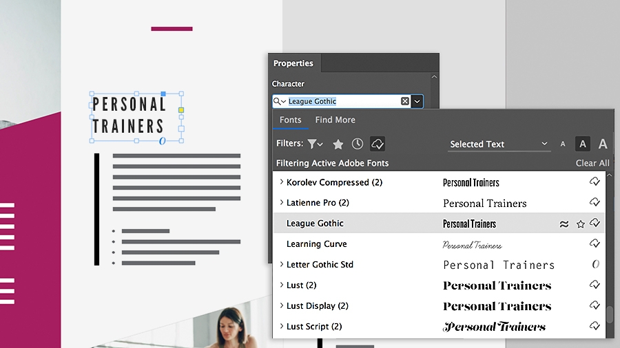 Selecting a headline font using the character section of the Properties panel
