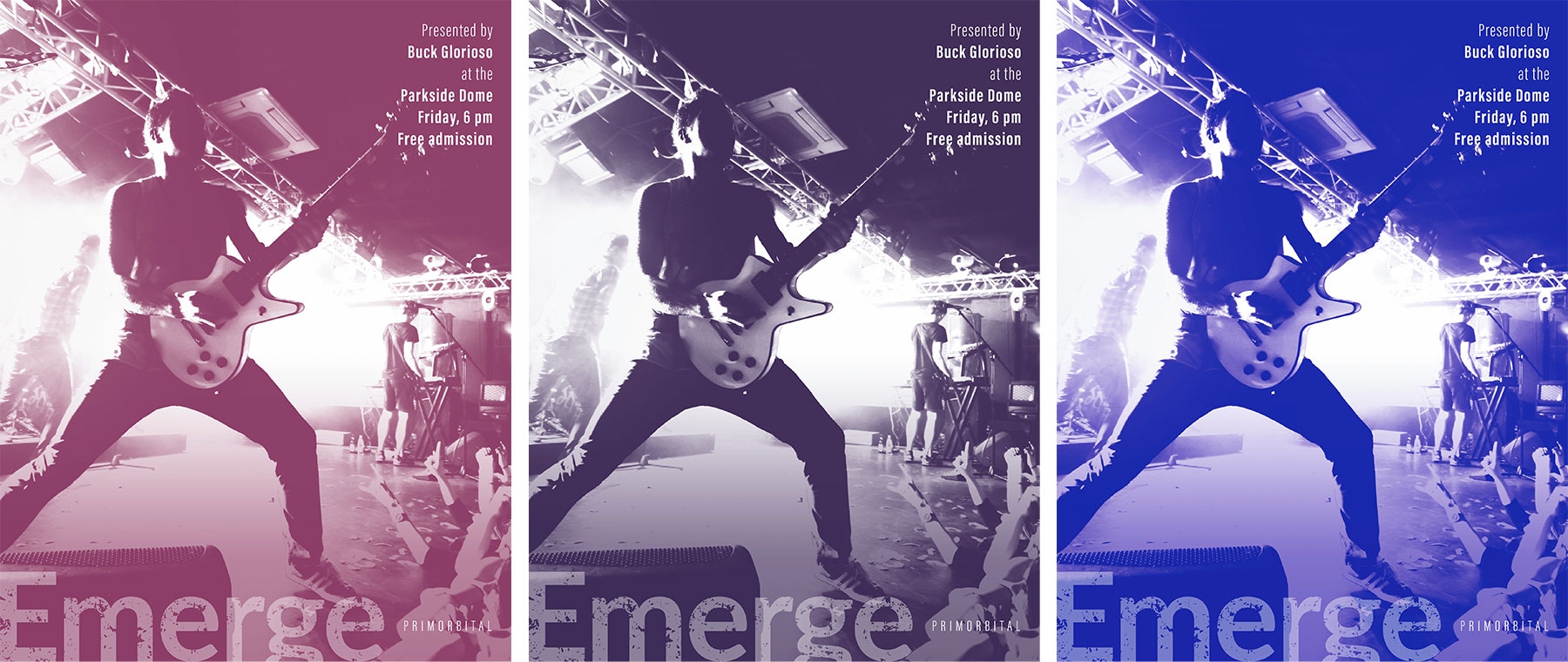 Side-by-side images of the guitar player in pink, purple, and blue colorized black and white photos. Side-by-side images of the guitar player in pink, purple, and blue colorized black and white photos.