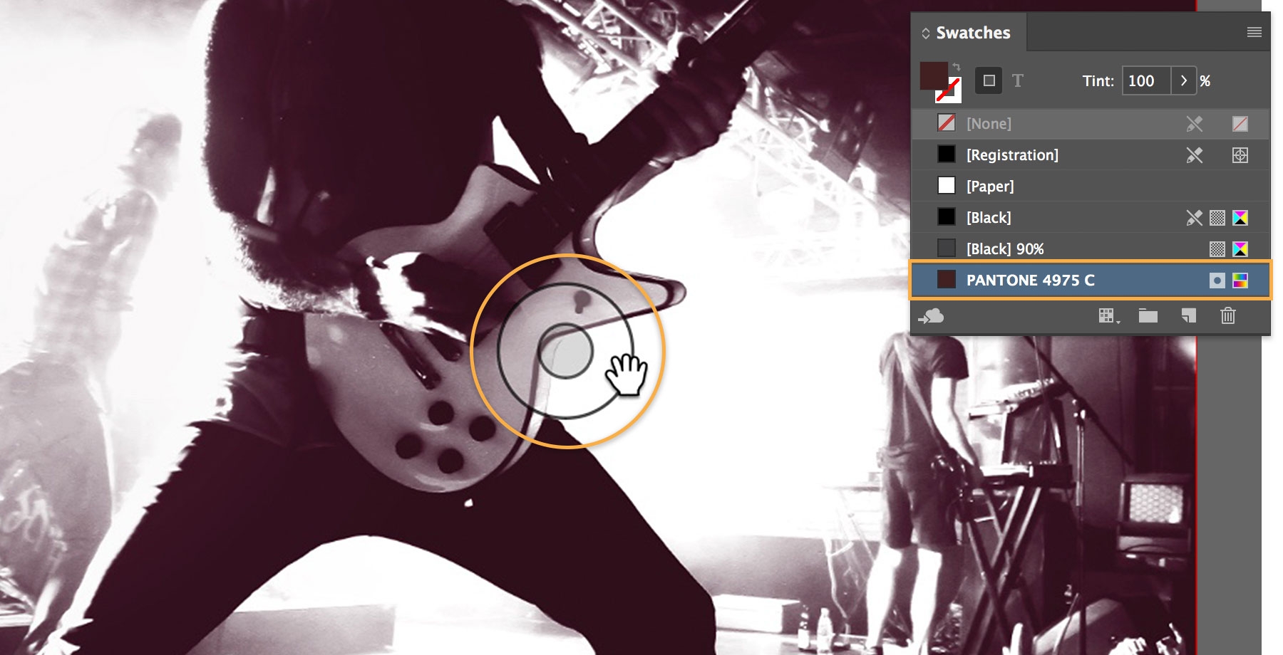 Clicking the frame, then a custom color swatch in the Swatches panel applies color to the black and white photo. Clicking the frame, then a custom color swatch in the Swatches panel applies color to the black and white photo.