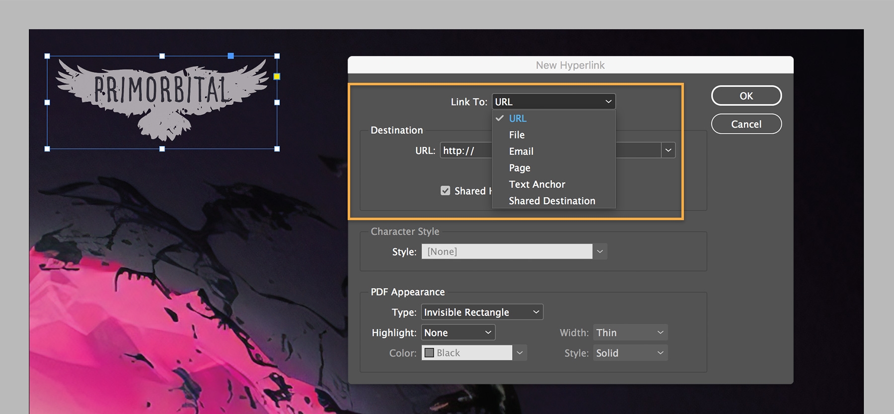 A gray bird outline is added to the upper left corner and hyperlinked through the Hyperlink > New Hyperlink menu. A gray bird outline is added to the upper left corner and hyperlinked through the Hyperlink > New Hyperlink menu.