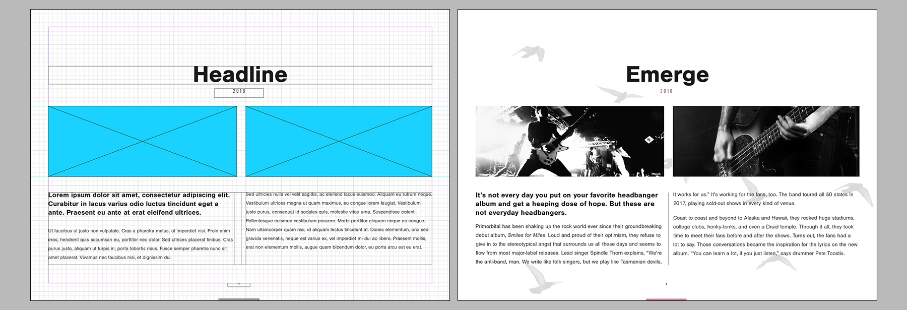 Before: Storyboard with placeholders for headers, text, and photographs. After: Custom eBook pages with photographs. Before: Storyboard with placeholders for headers, text, and photographs. After: Custom eBook pages with photographs.
