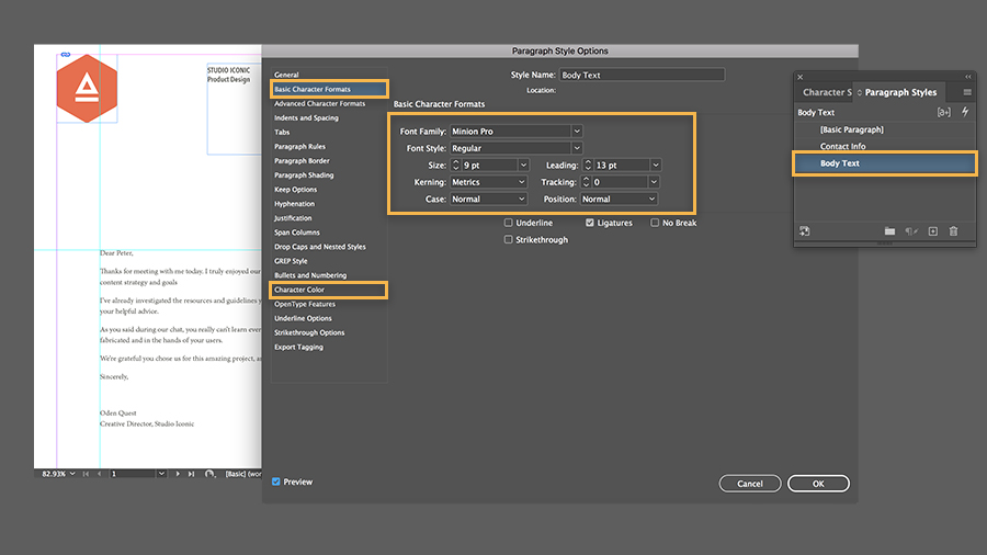 In the Paragraph Style Options dialog box, various options for Basic Character Formats are highlighted.