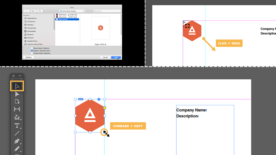 In the upper-left the loco-color.ai file is opened. In the upper-right, a rectangular frame is drawn, revealing the logo. At bottom, the logo is resized using Command+Shift.