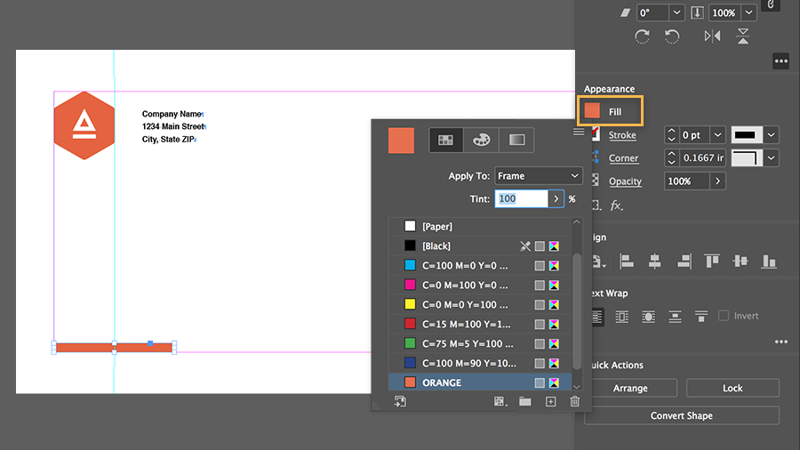 On page two, a rectangle in the bottom left is selected. The fill color of the rectangle is changed to orange, with the Properties panel visible.