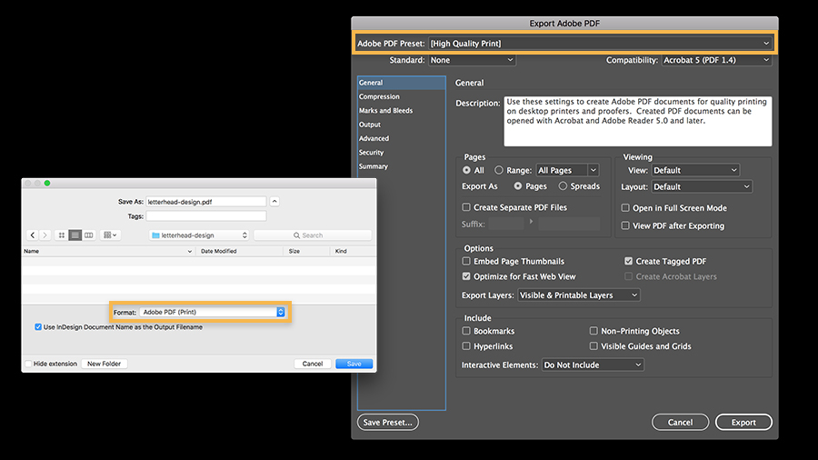 On the right, the Export Adobe PDF window is open, with the Adobe PDF Preset set to High Quality Print. On the left, the File-Save window is shown, with Format set to Adobe PDF (Print).