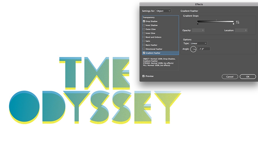 A Gradient Feather effect is added, causing the semi-transparent text to fade into its shadow. A Gradient Feather effect is added, causing the semi-transparent text to fade into its shadow.