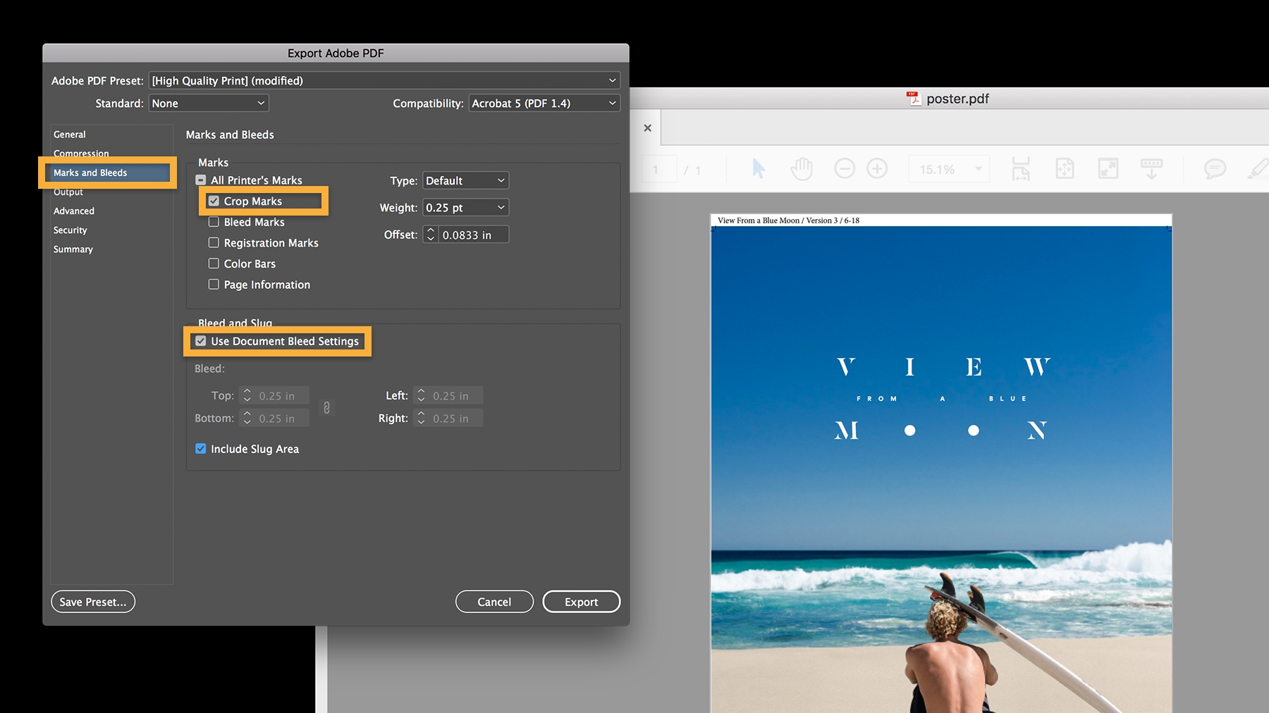 Bleed settings and crop lines can be retained when exporting the document to a PDF. Bleed settings and crop lines can be retained when exporting the document to a PDF.