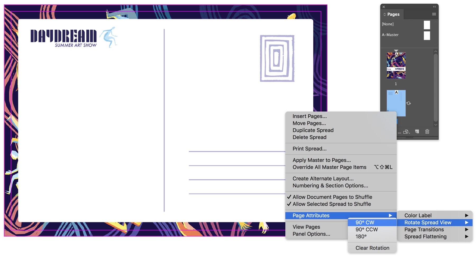 Artboard is rotated to landscape orientation in the Page Attributes > Rotate Spread View menu. Artboard is rotated to landscape orientation in the Page Attributes > Rotate Spread View menu.