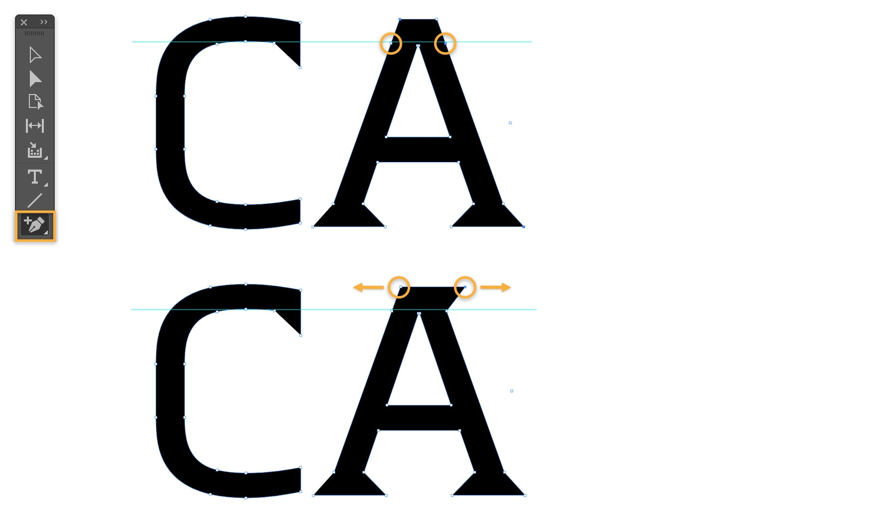 Anchor points are added to some letters to create new serifs. Anchor points are added to some letters to create new serifs.
