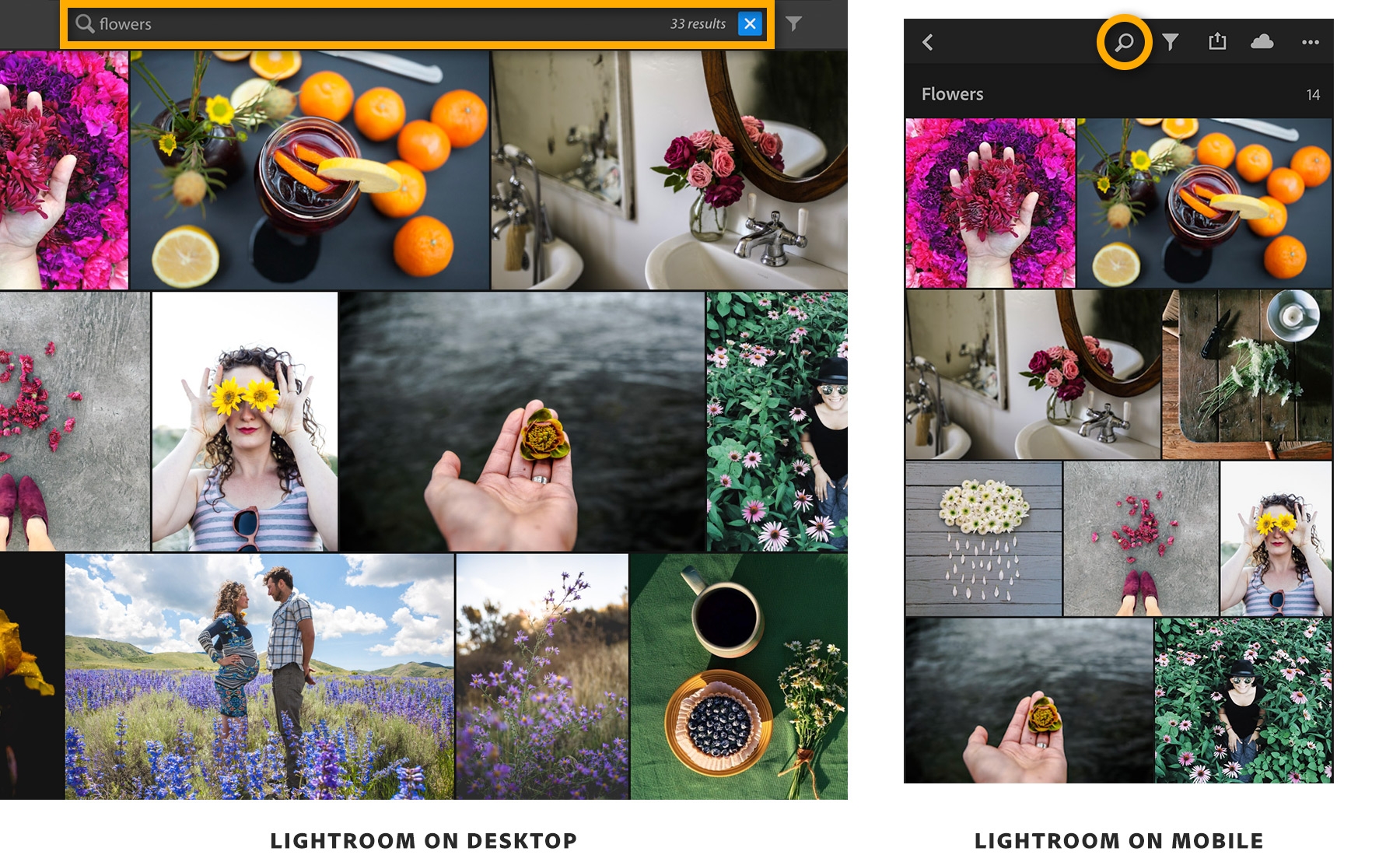 Lightroom automatically adds keywords to photos. A search for “flowers” brings up 33 results. Lightroom automatically adds keywords to photos. A search for “flowers” brings up 33 results.
