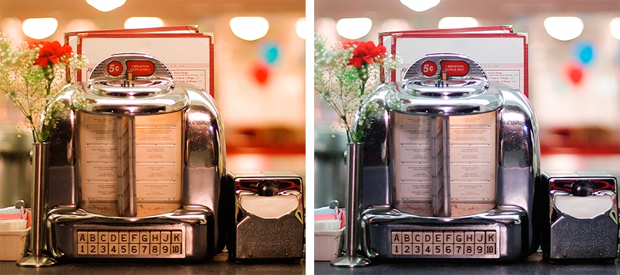 Side by side photos of a small jukebox and a flower, one has a yellow tint and the other is fixed Side by side photos of a small jukebox and a flower, one has a yellow tint and the other is fixed