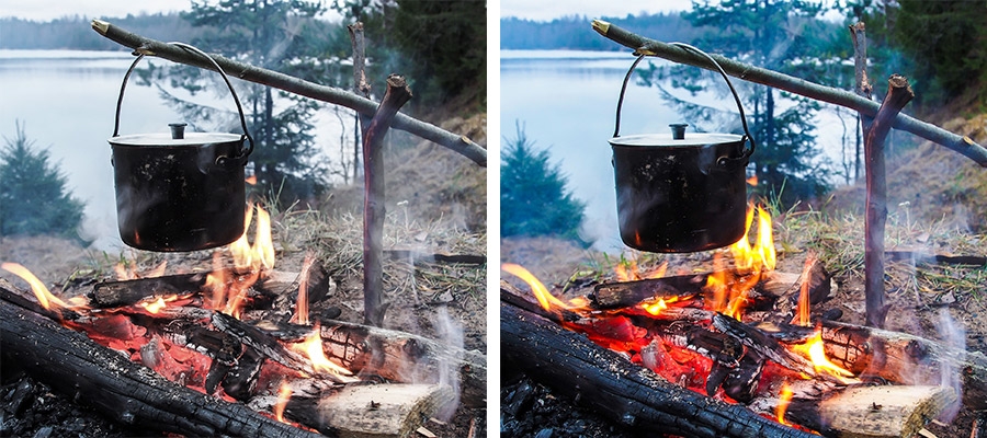 Side by side photos of a cast iron pot over a campfire, the image on the right has more vibrant color Side by side photos of a cast iron pot over a campfire, the image on the right has more vibrant color