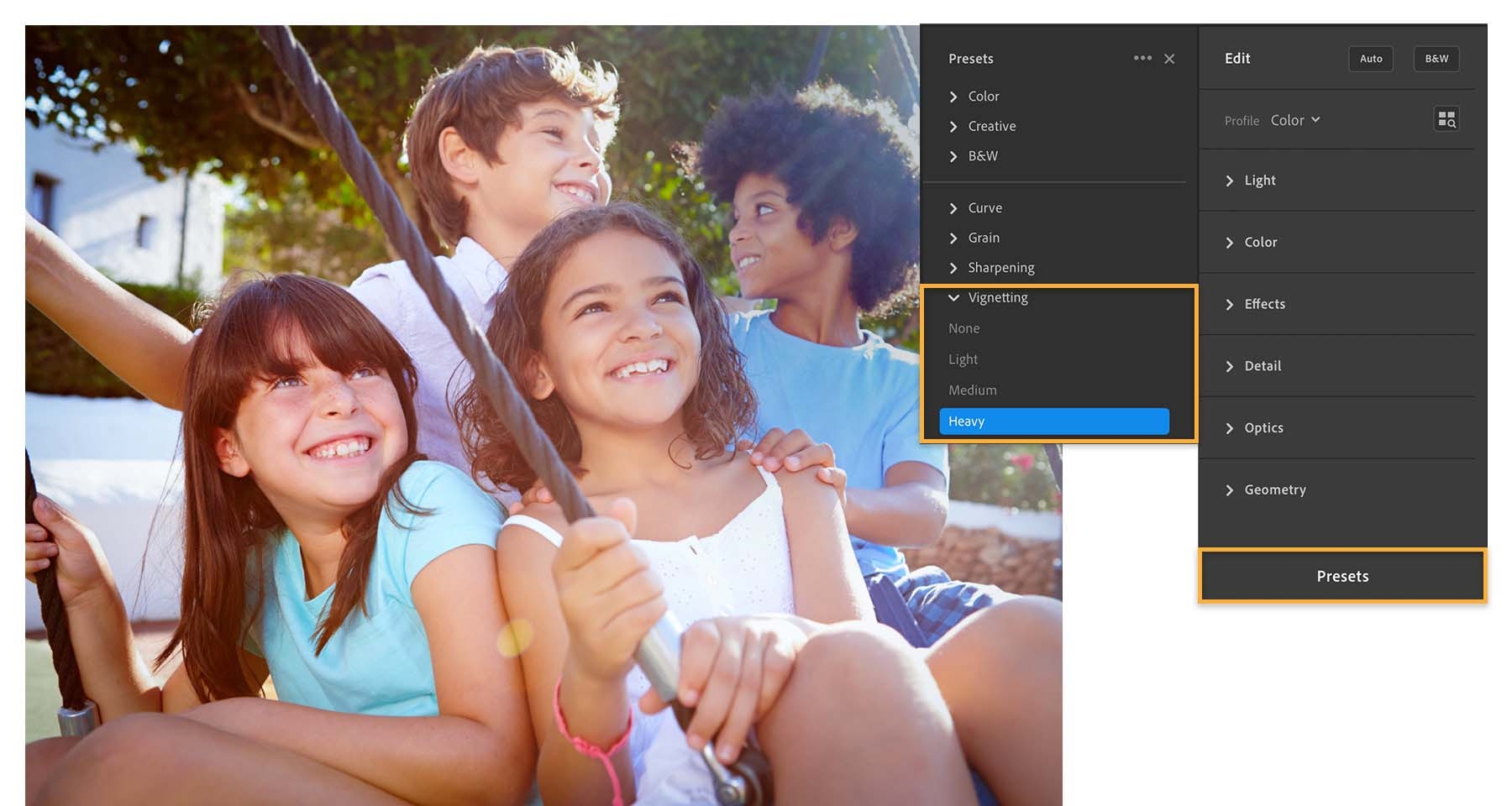 Vignetting presets are added to draw more attention to the children’s faces. Vignetting presets are added to draw more attention to the children’s faces.