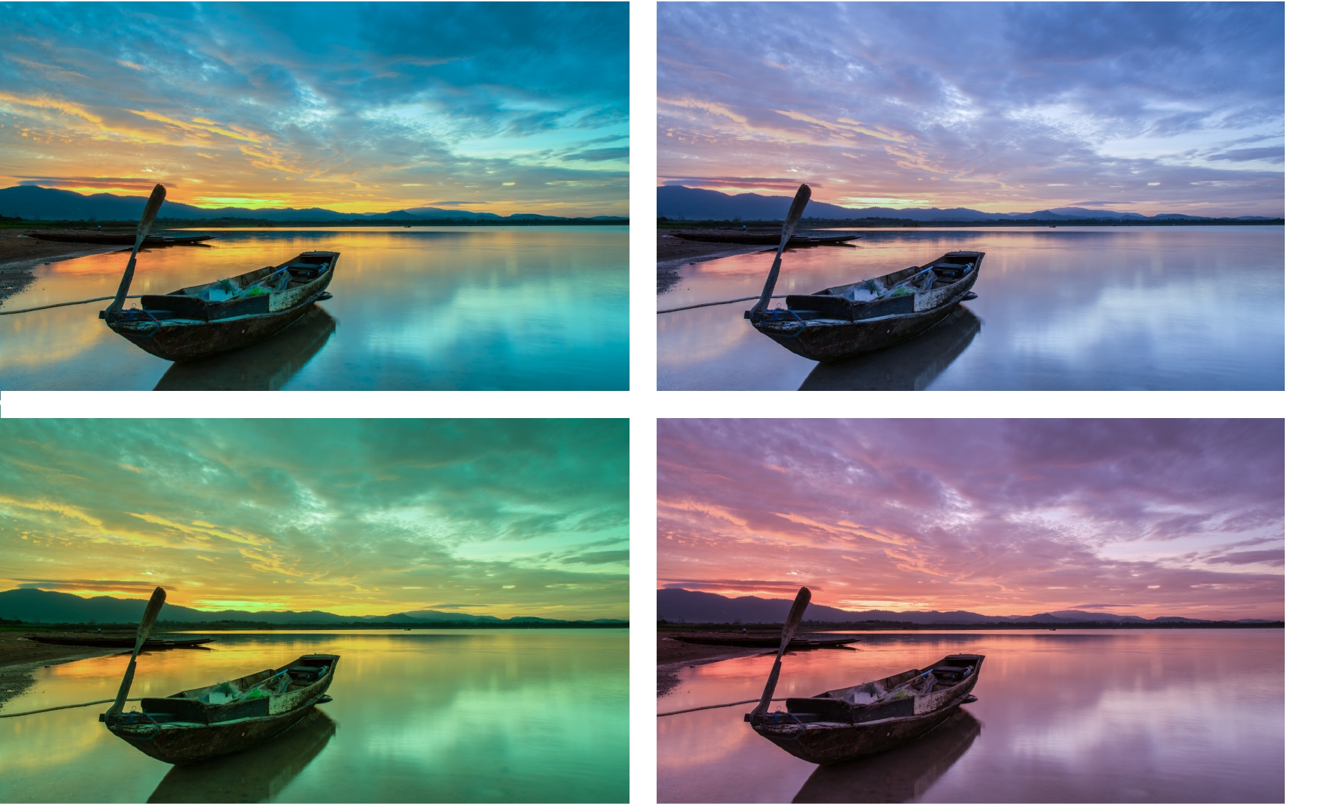 Four rowboat images with adjusted Temp, Tint, and Saturation values appear monotone.  