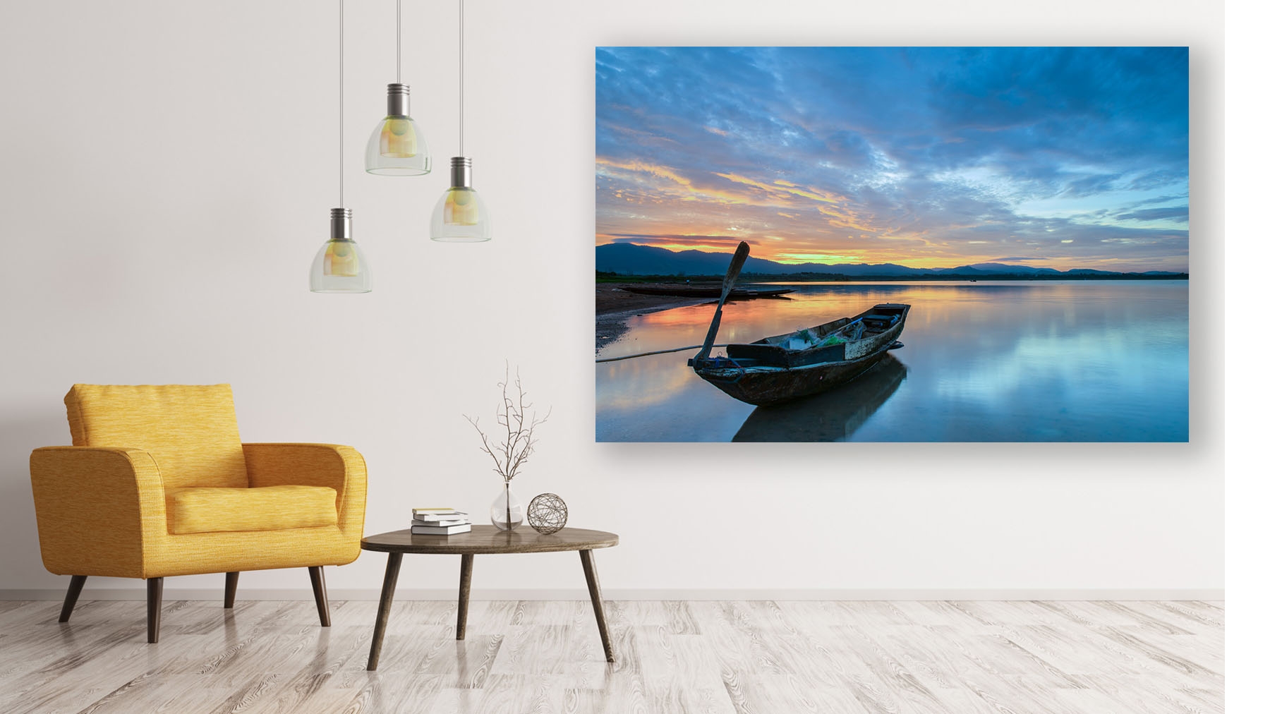 Sitting area with small table, chair, and pendant lights features artwork of rowboat on a lake at night with colorful sunset Sitting area with small table, chair, and pendant lights features artwork of rowboat on a lake at night with colorful sunset