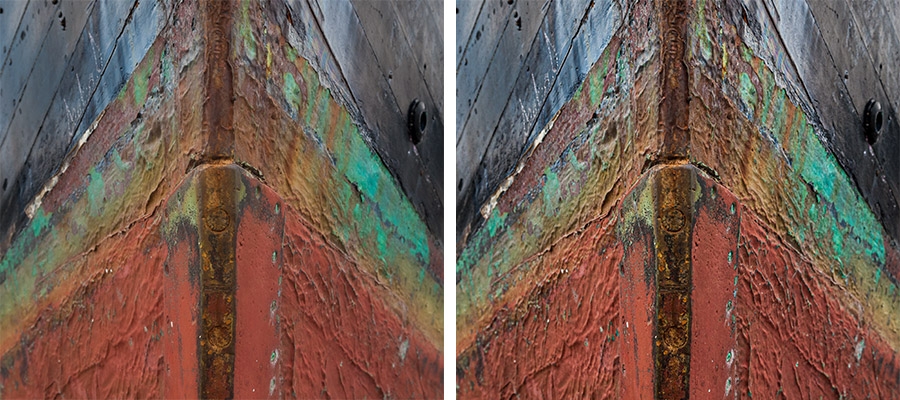 Side by side photos of part of a ship covered with rust and moss, the Texture value for the image on the right has been increased to bring out details Side by side photos of part of a ship covered with rust and moss, the Texture value for the image on the right has been increased to bring out details