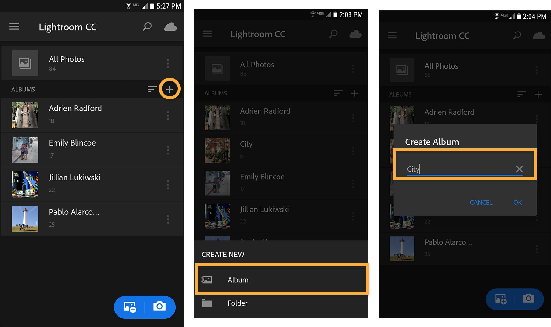 Click + sign, (Create New) Album, then name the album to create a new album for organizing photos. Click + sign, (Create New) Album, then name the album to create a new album for organizing photos.