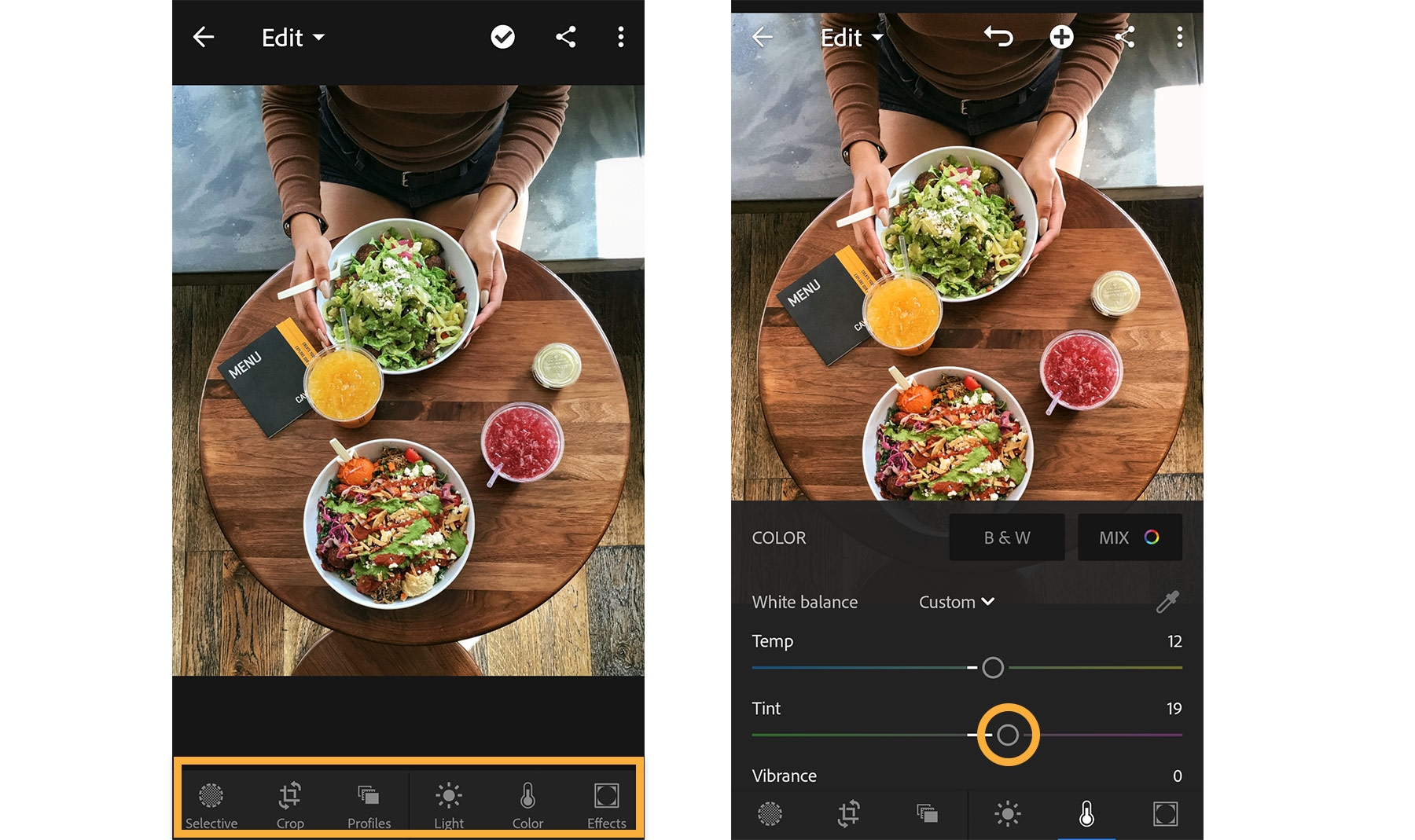Editing controls appear at the bottom of Lightroom for mobile. Editing controls appear at the bottom of Lightroom for mobile.